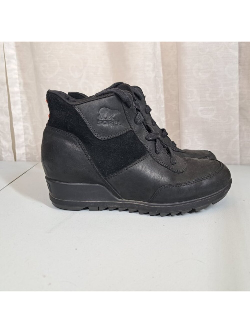 Sorel Evie Suede Leather Womens Sz 8 Wedge Ankle Boots Black Winter Fall Booties